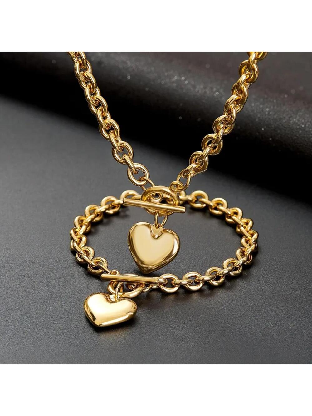 Heart charm toggle chain - Necklace/Bracelet set - Gold - 20" / 7"